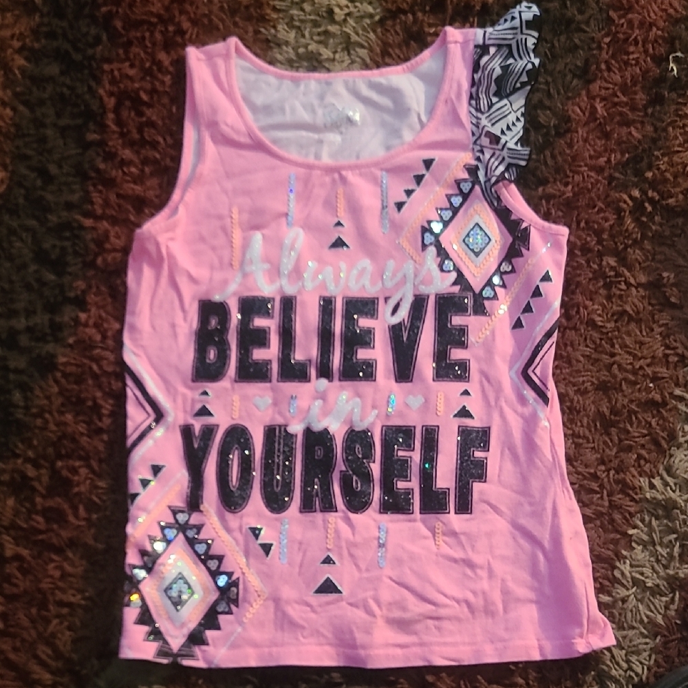 Justice Pink Graphic Tank Top with Black and White Accents